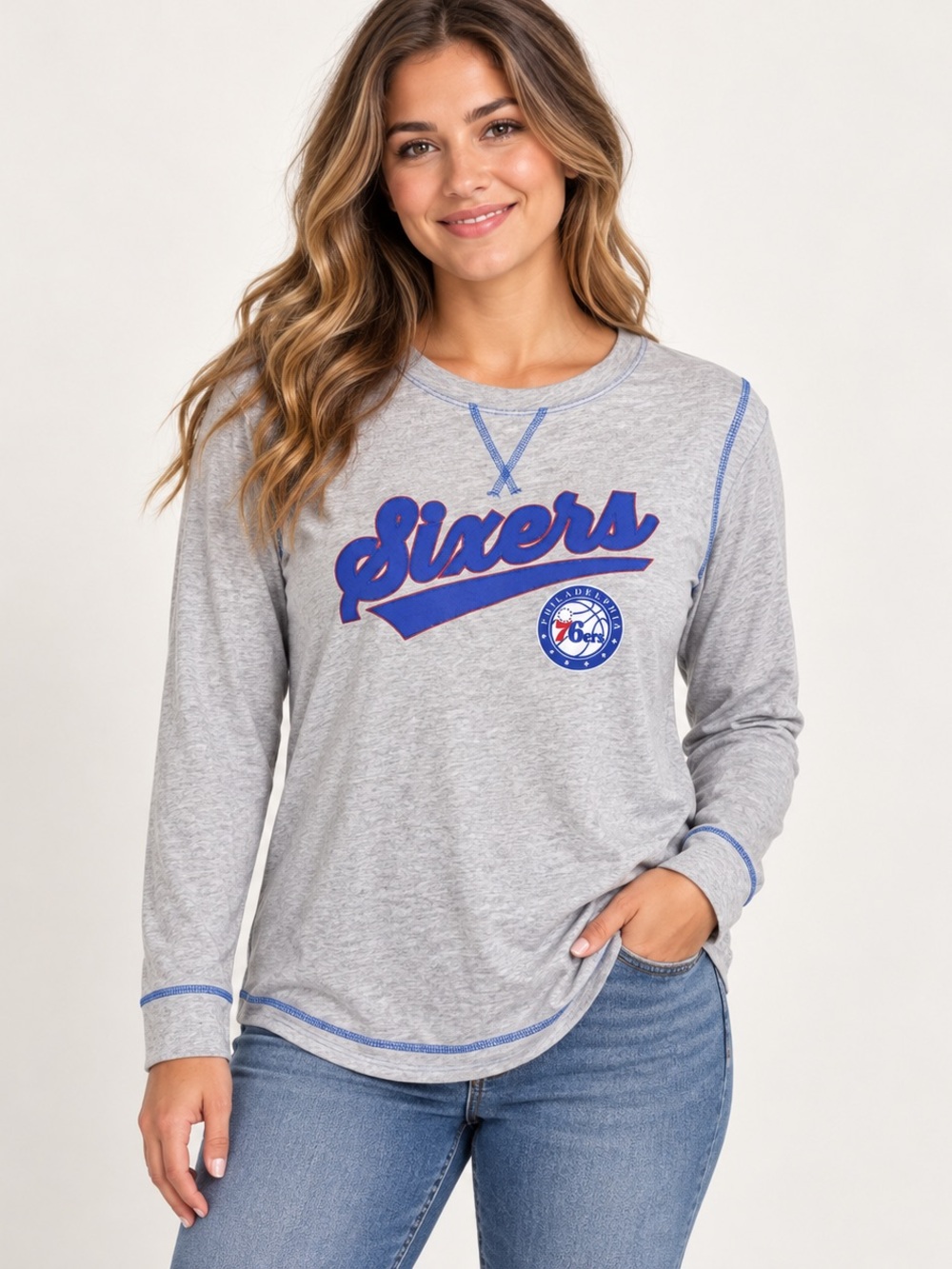 Philadelphia 76ers Sixers Women XL Gray Long Sleeve NBA Sweatshirt Pullover
